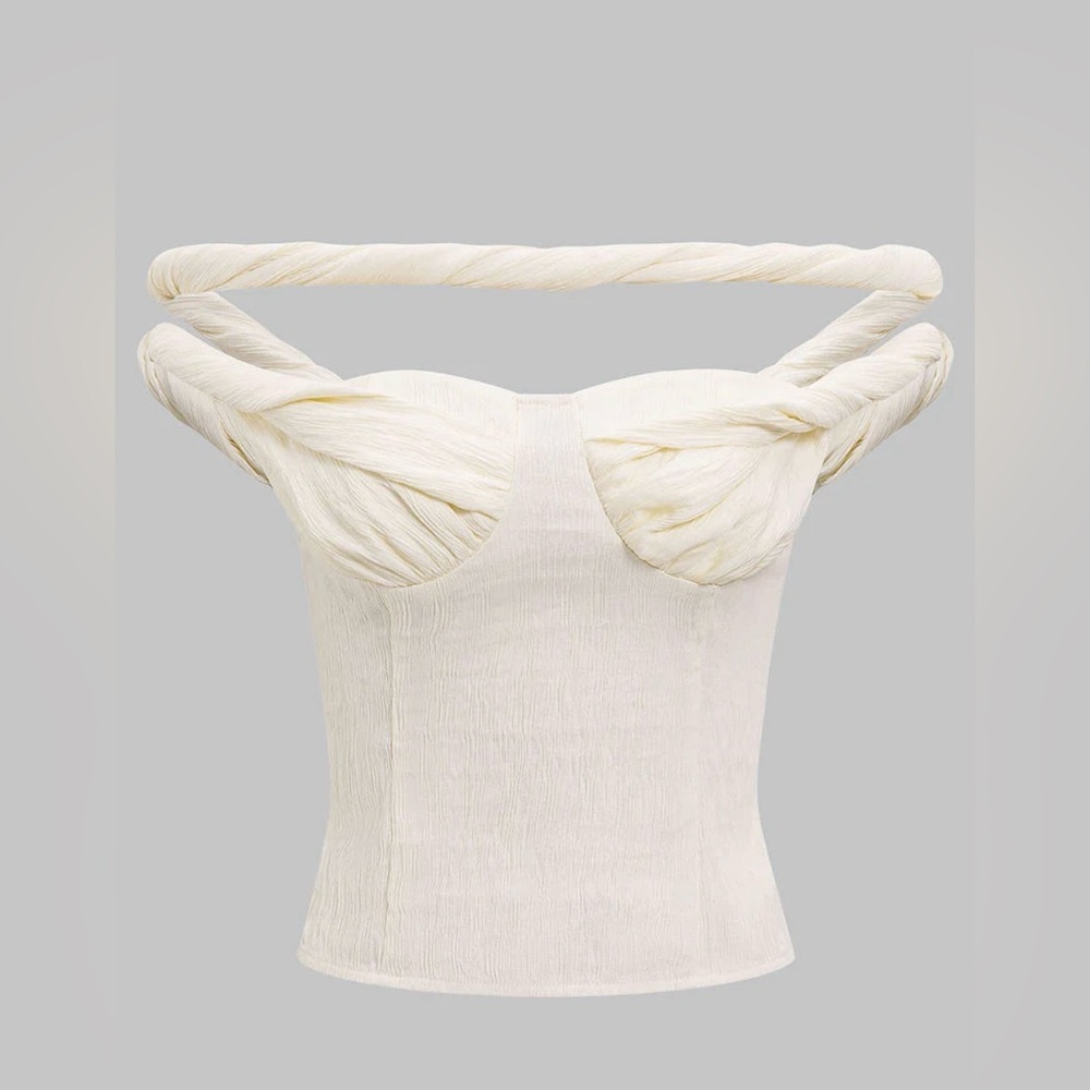 Twist-Shoulder Cream Strapless Crop Top